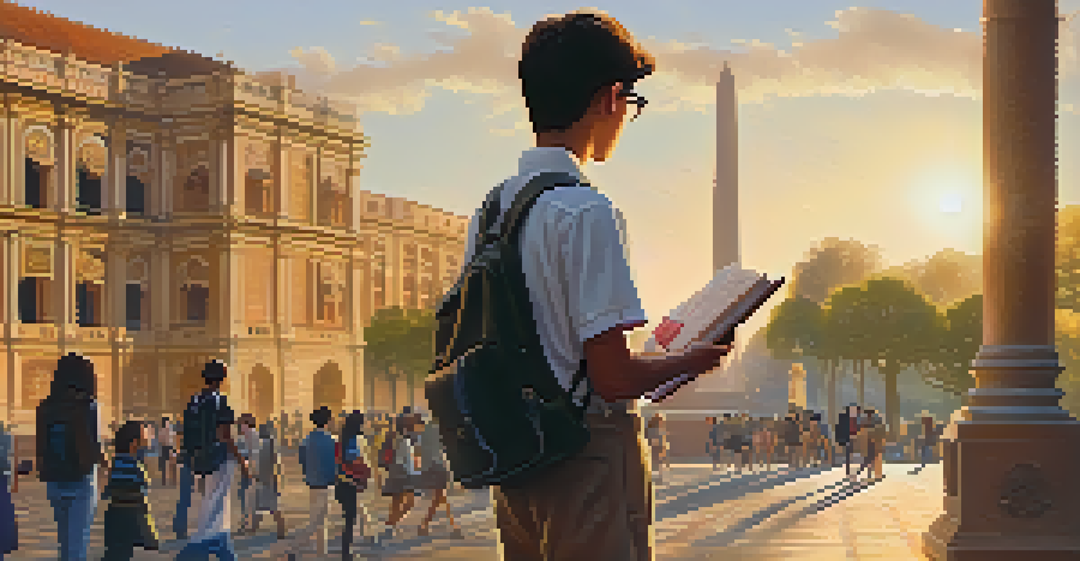 A student in front of a historic landmark, holding a language textbook, inspired by the cultural surroundings during sunset.