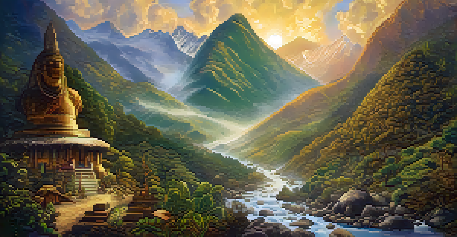 A depiction of Pachamama, the Earth goddess, surrounded by nature, with mountains and rivers in earthy colors and golden light.