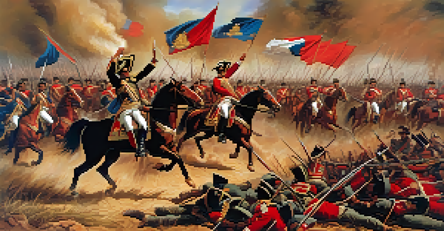 A chaotic battle scene depicting Bolívar's forces triumphing over the Spanish, with rich colors and dynamic movement.
