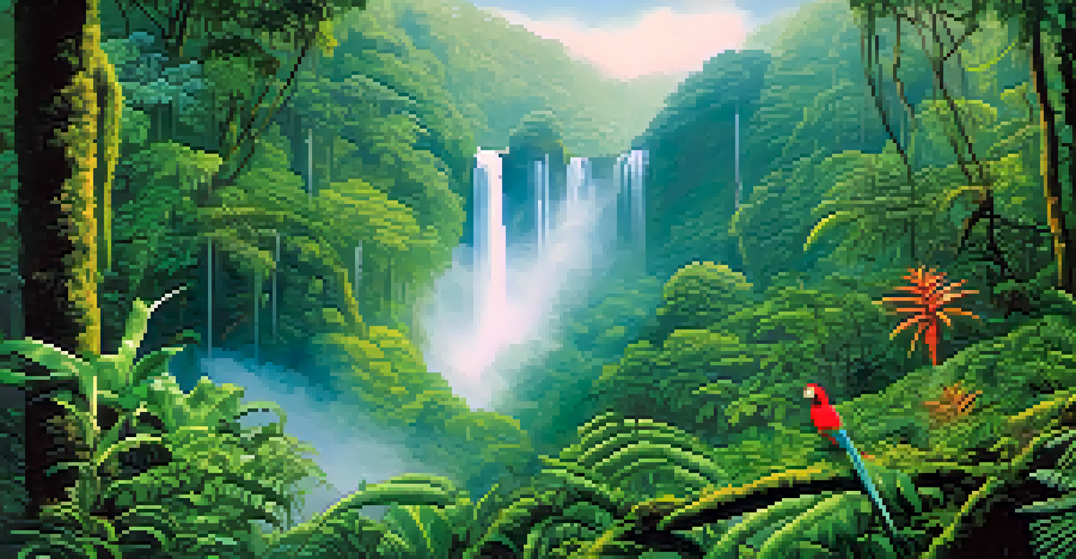 A mystical cloud forest with mist, vibrant quetzals, and cascading waterfalls, showcasing the lush greenery and unique flora.