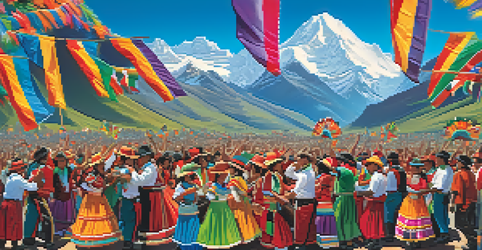 A lively Andean music festival with dancers in colorful costumes and musicians playing traditional instruments against a backdrop of the Andes Mountains.