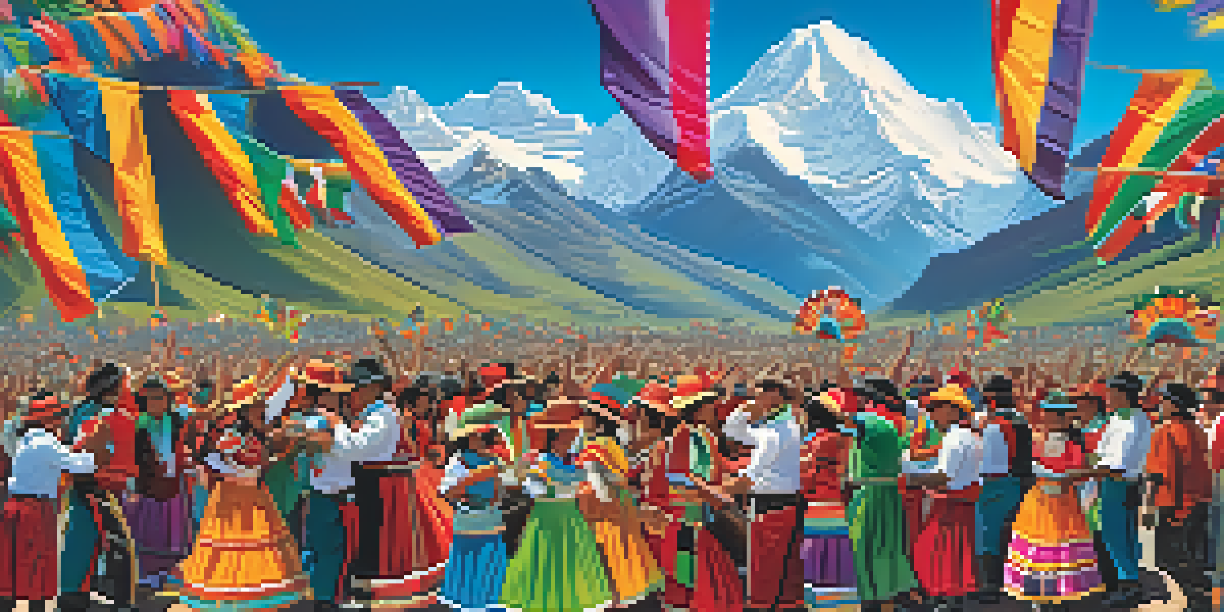 A lively Andean music festival with dancers in colorful costumes and musicians playing traditional instruments against a backdrop of the Andes Mountains.