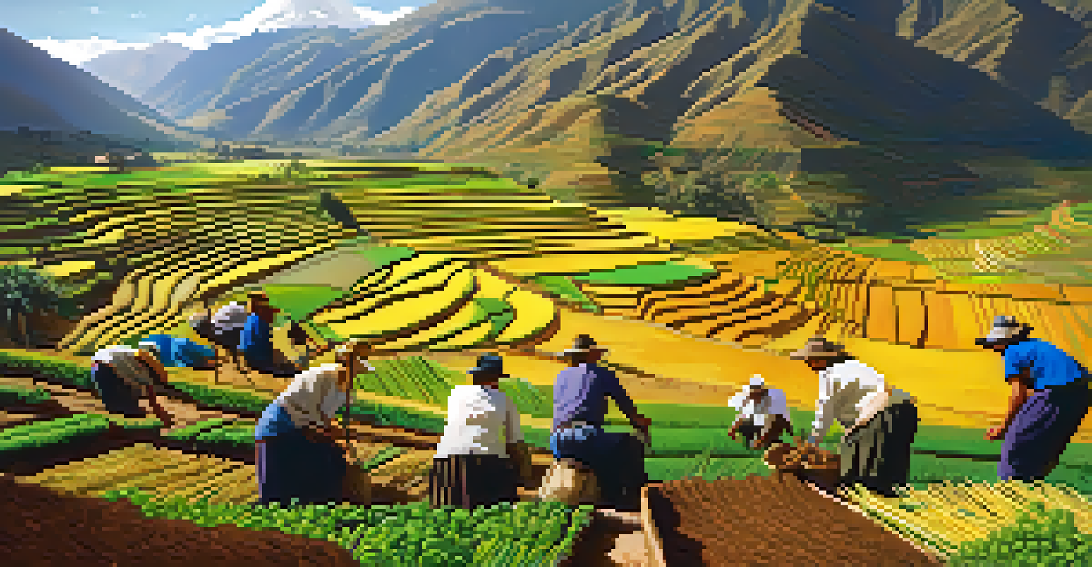 Volunteers working in the Sacred Valley of Peru, surrounded by mountains and terraced fields, under golden sunlight.