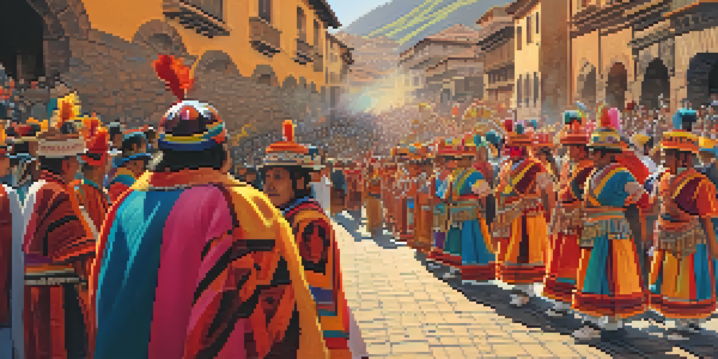 A lively festival scene in Cusco, Peru, with participants in colorful traditional costumes and historic architecture in the background.