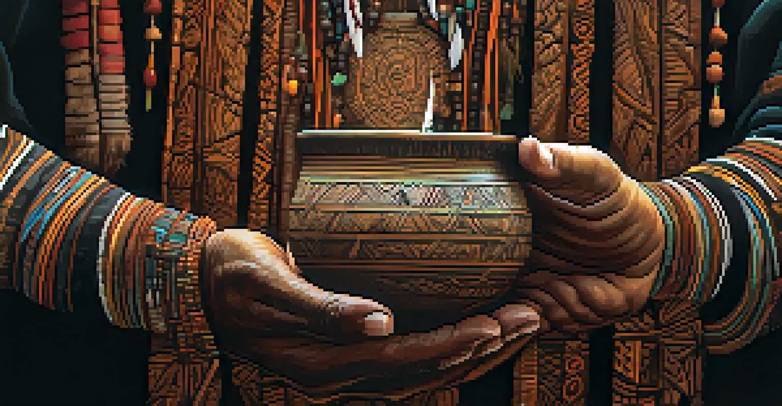 Close-up of a shaman's hands holding a ceremonial cup of Ayahuasca with participants in the background.