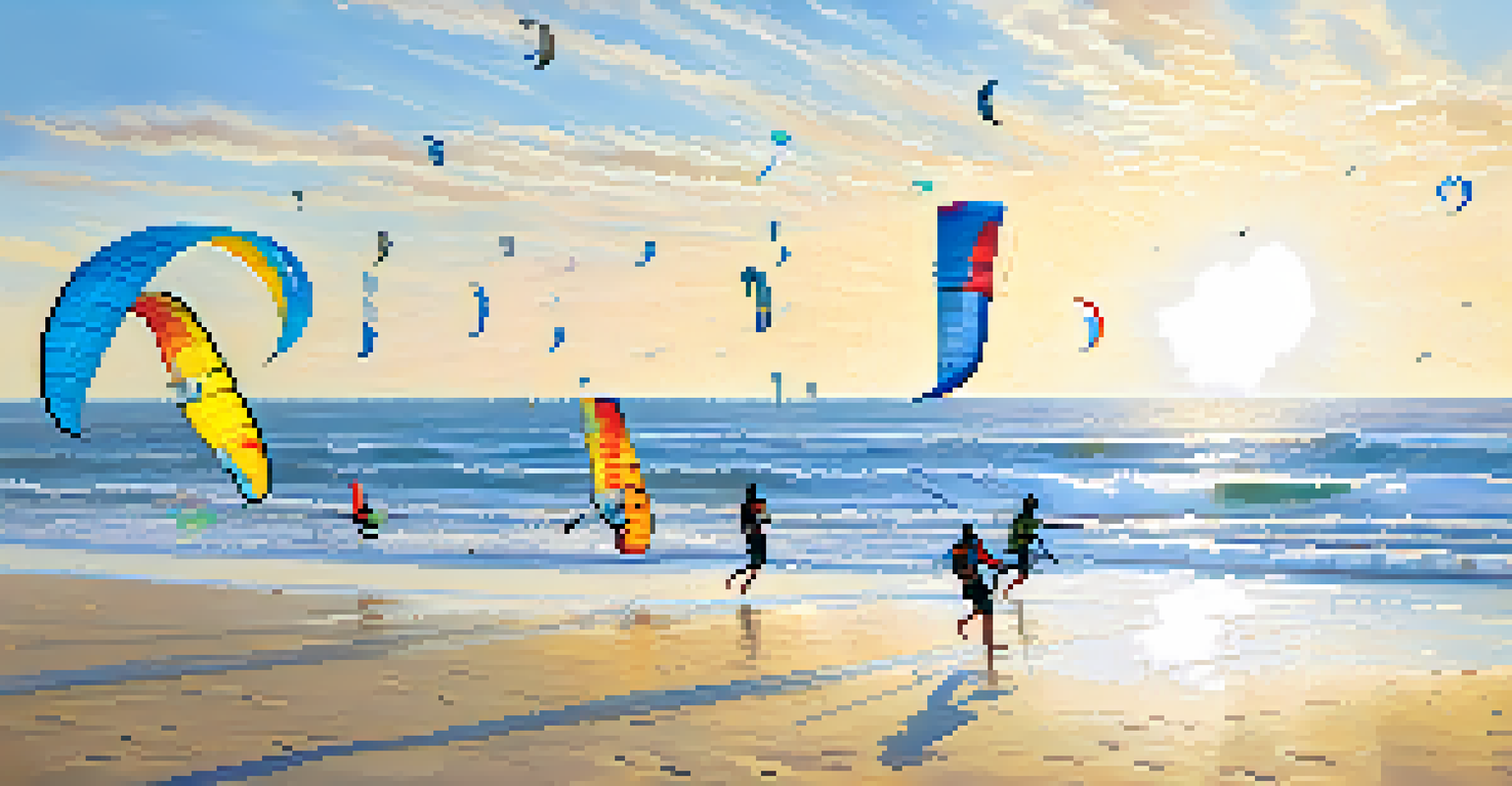 Kitesurfers enjoying the waves at Mancora beach, with colorful kites and a sunny coastal landscape.