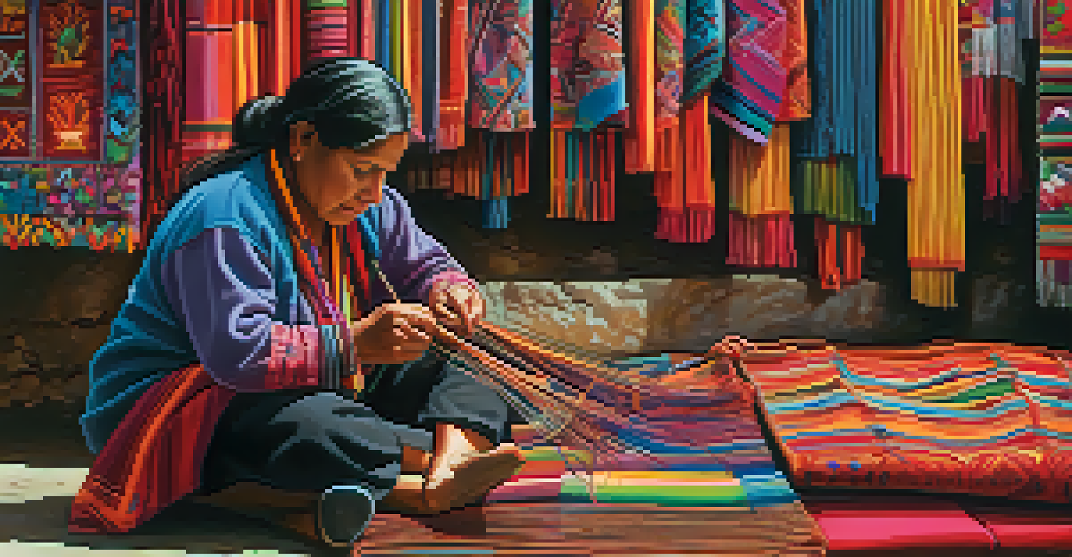 A local artisan weaving traditional Peruvian textiles in a vibrant market, surrounded by colorful fabrics and threads.