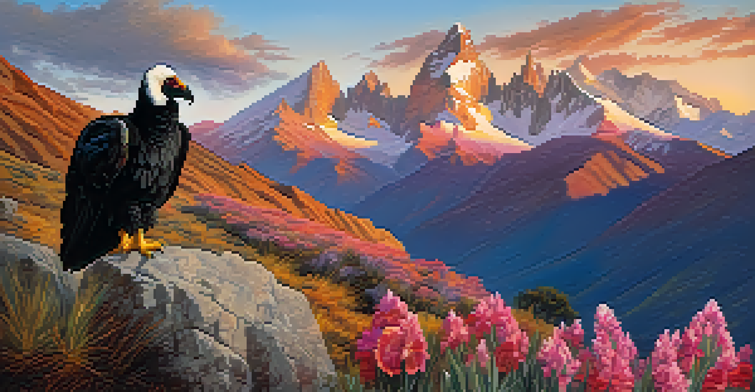 A stunning view of the Andes mountains at sunrise, featuring peaks, the cantuta flower, and an Andean condor in a colorful sky.