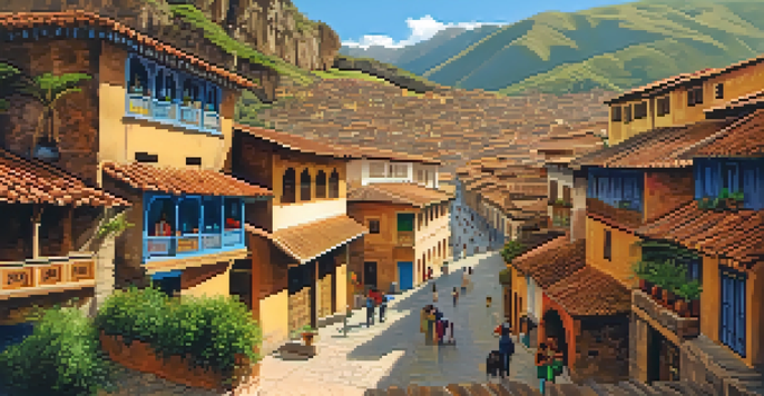 A picturesque view of Cusco, Peru, featuring traditional architecture and local women weaving in vibrant clothing against a lush hillside.