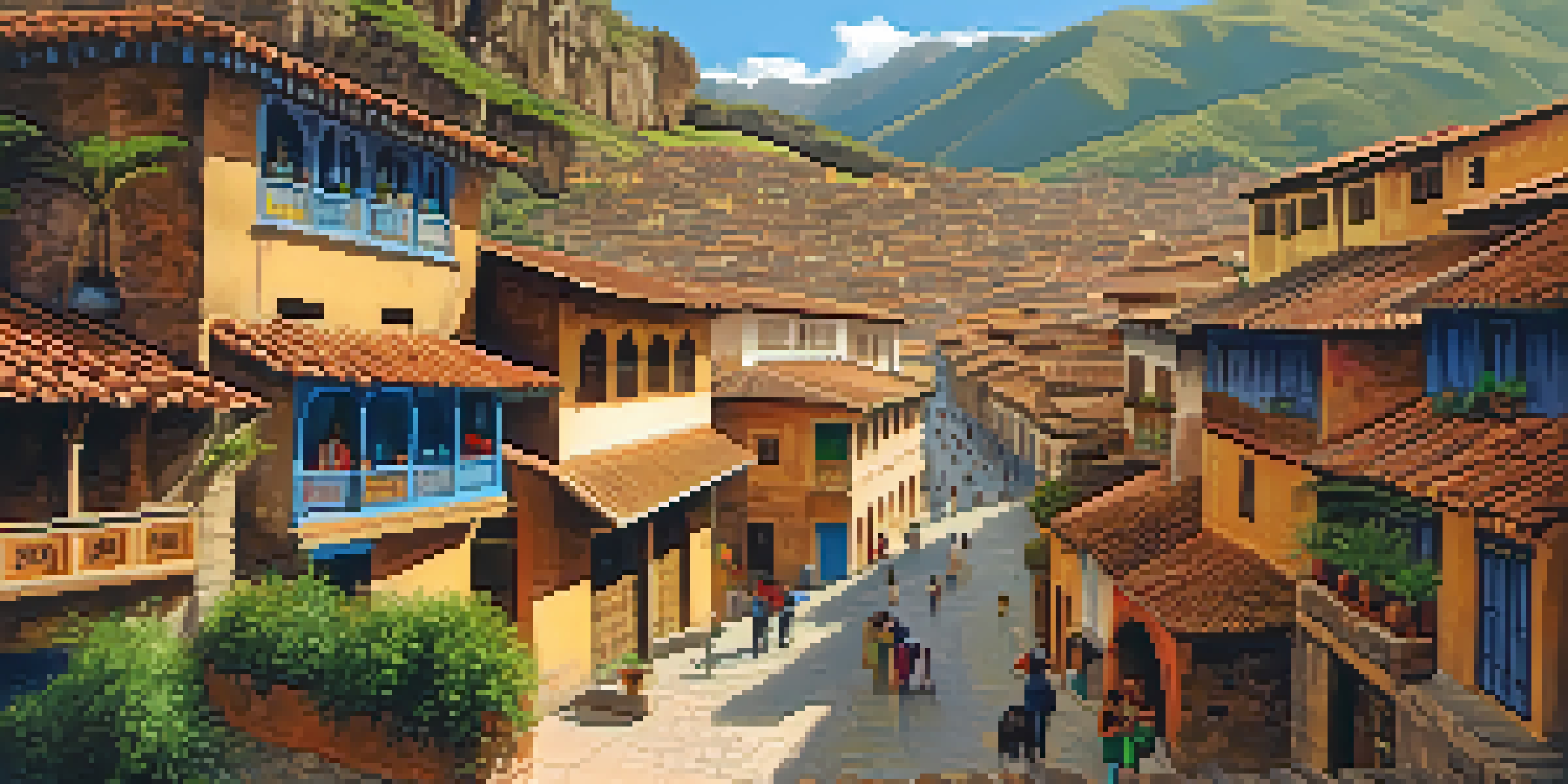 A picturesque view of Cusco, Peru, featuring traditional architecture and local women weaving in vibrant clothing against a lush hillside.