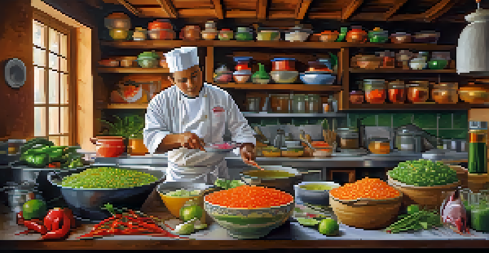 A Peruvian chef preparing ceviche with fresh ingredients like fish, aji peppers, and lime in a well-lit kitchen.