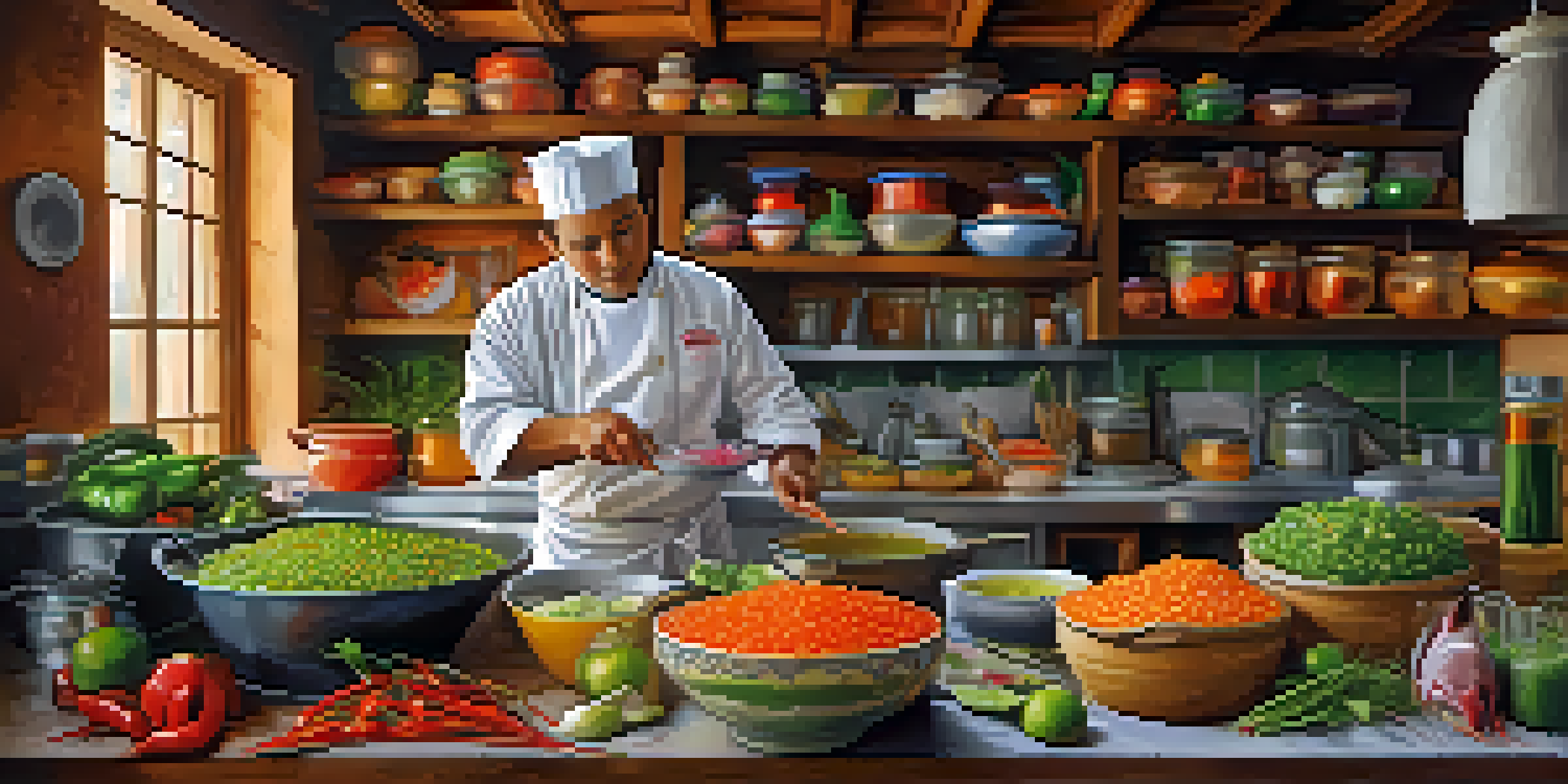 A Peruvian chef preparing ceviche with fresh ingredients like fish, aji peppers, and lime in a well-lit kitchen.