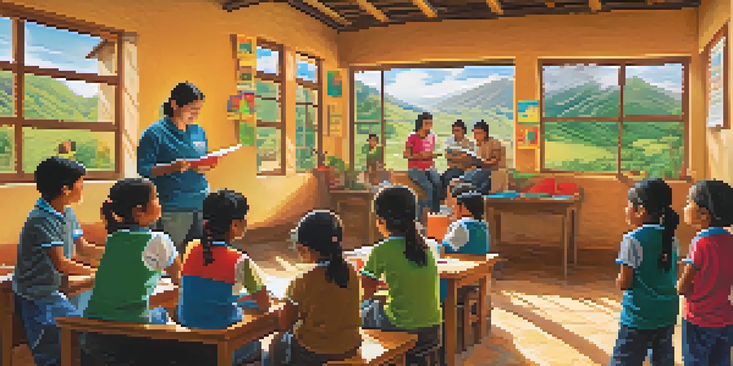 A group of volunteers teaching children in a colorful classroom in rural Peru, with sunlight streaming in and children engaged in learning.
