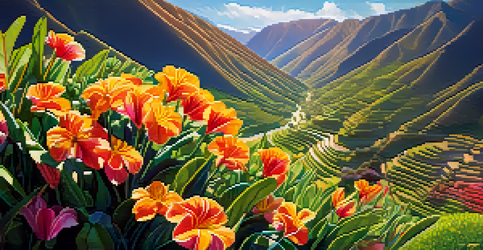A detailed close-up of colorful flowers in the Sacred Valley, with sunlight creating beautiful patterns on the petals and leaves.
