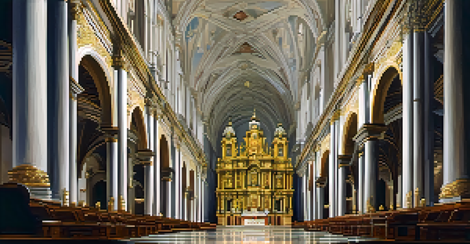 Interior view of the Cathedral of Lima highlighting ornate Baroque architecture with gold leaf altarpieces and dramatic lighting.