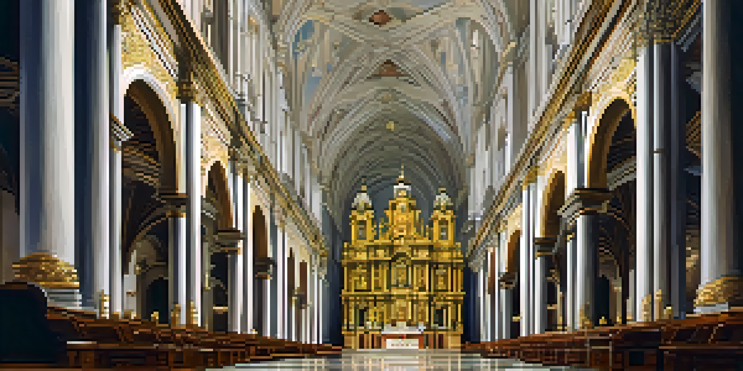 Interior view of the Cathedral of Lima highlighting ornate Baroque architecture with gold leaf altarpieces and dramatic lighting.