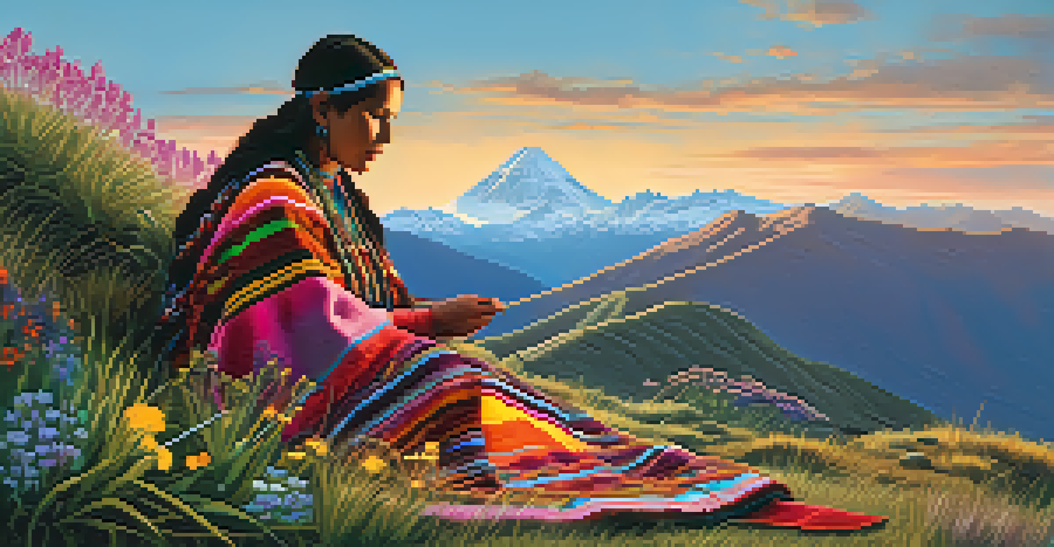A Quechua woman in traditional clothing weaving on a hillside in the Andes, surrounded by wildflowers, with a pastel sunset sky creating a tranquil scene.