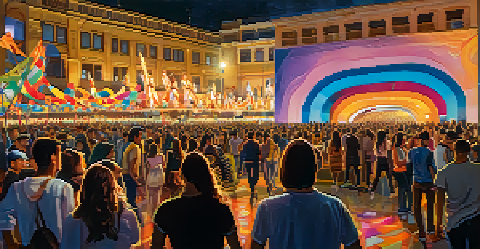 A lively crowd at the Festival Primavera in Lima, with artists performing on stage amidst colorful lights and artistic installations.