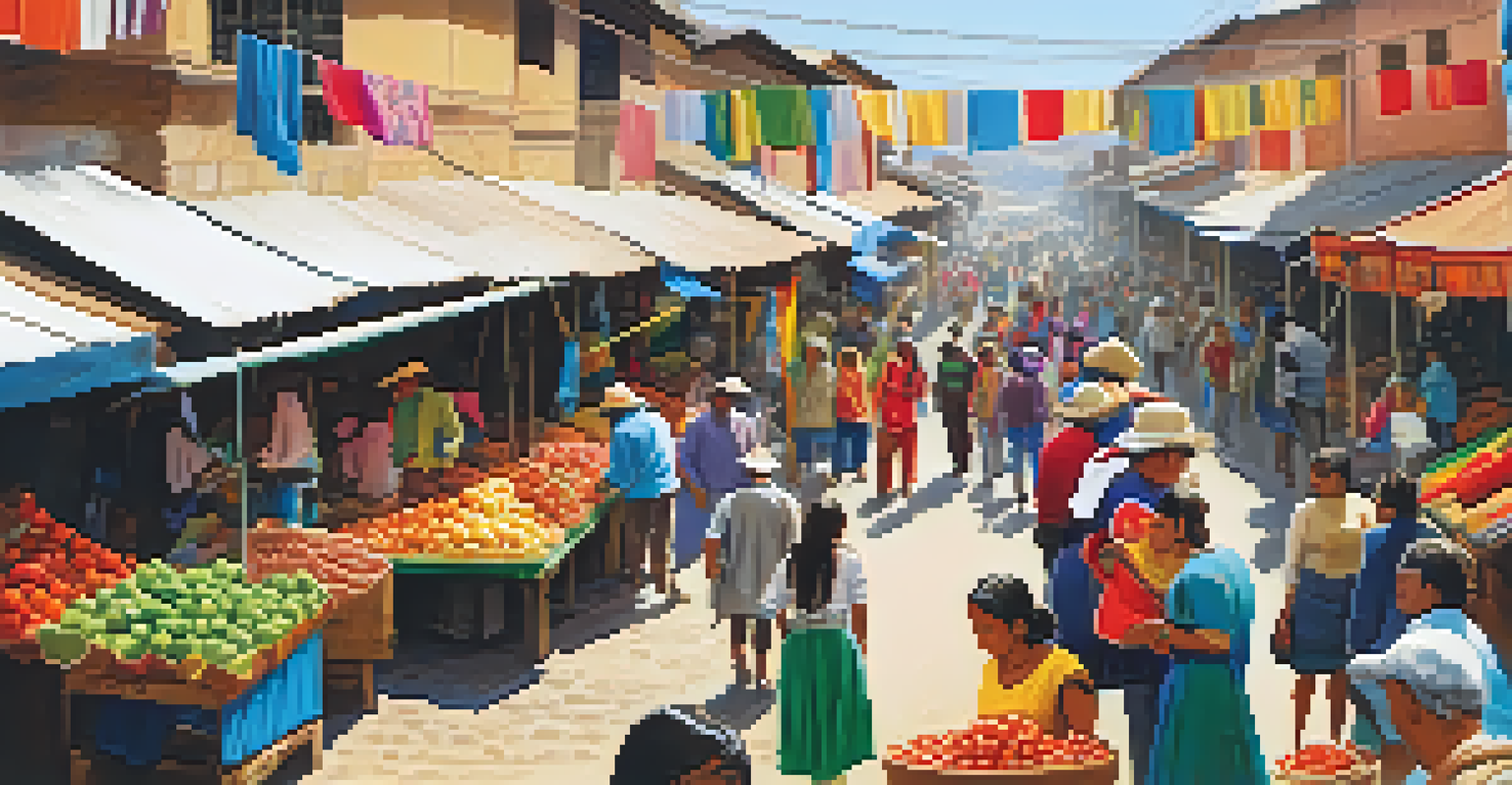 A lively Peruvian street market with colorful stalls and people interacting.