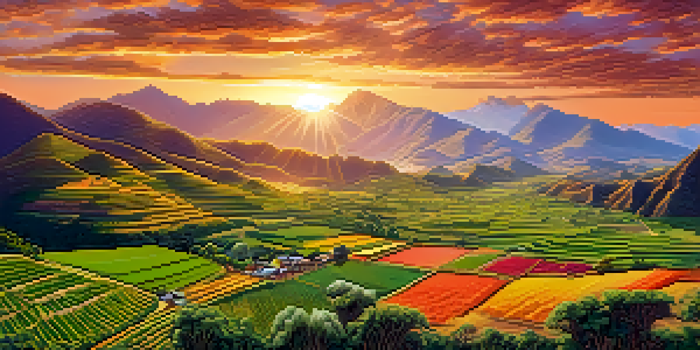 A stunning landscape of Peru featuring the Andes mountains, green valleys, and traditional crops, with llamas grazing in the foreground during a vibrant sunset.