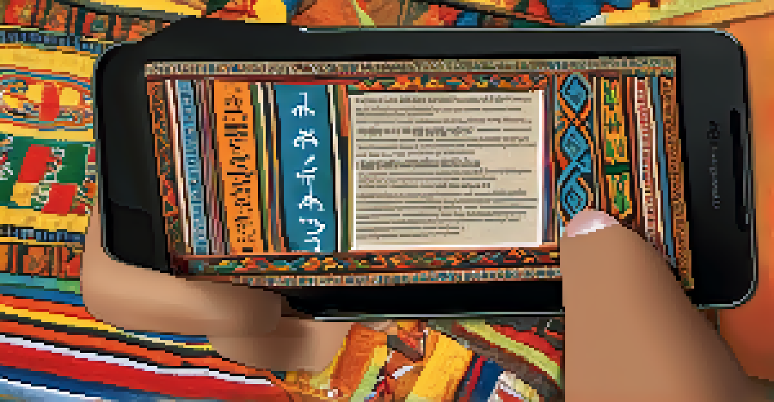 A mobile phone showing an Aymara language learning app, with a young person practicing in the background surrounded by traditional artifacts.