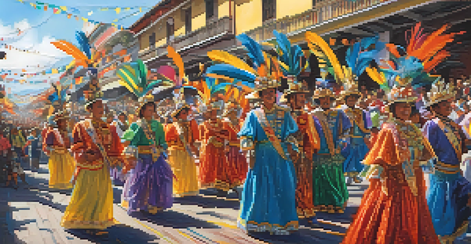A lively parade with costumed participants celebrating Carnaval de Cajamarca, surrounded by colorful decorations and a cheerful crowd.