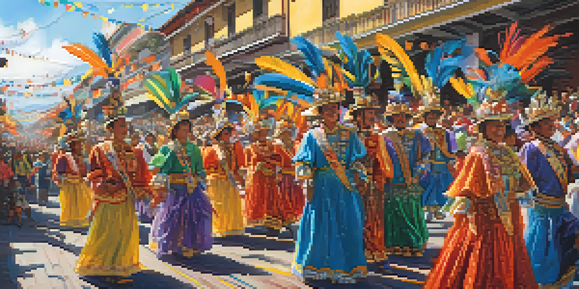 A lively parade with costumed participants celebrating Carnaval de Cajamarca, surrounded by colorful decorations and a cheerful crowd.