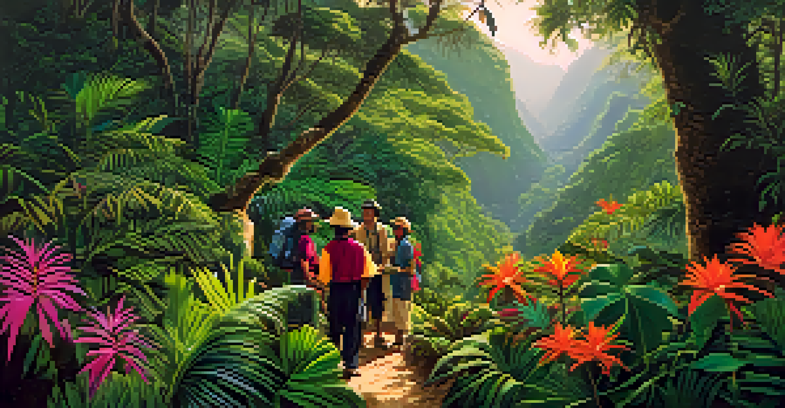 A local tour guide explaining the flora to a group of travelers in a jungle.