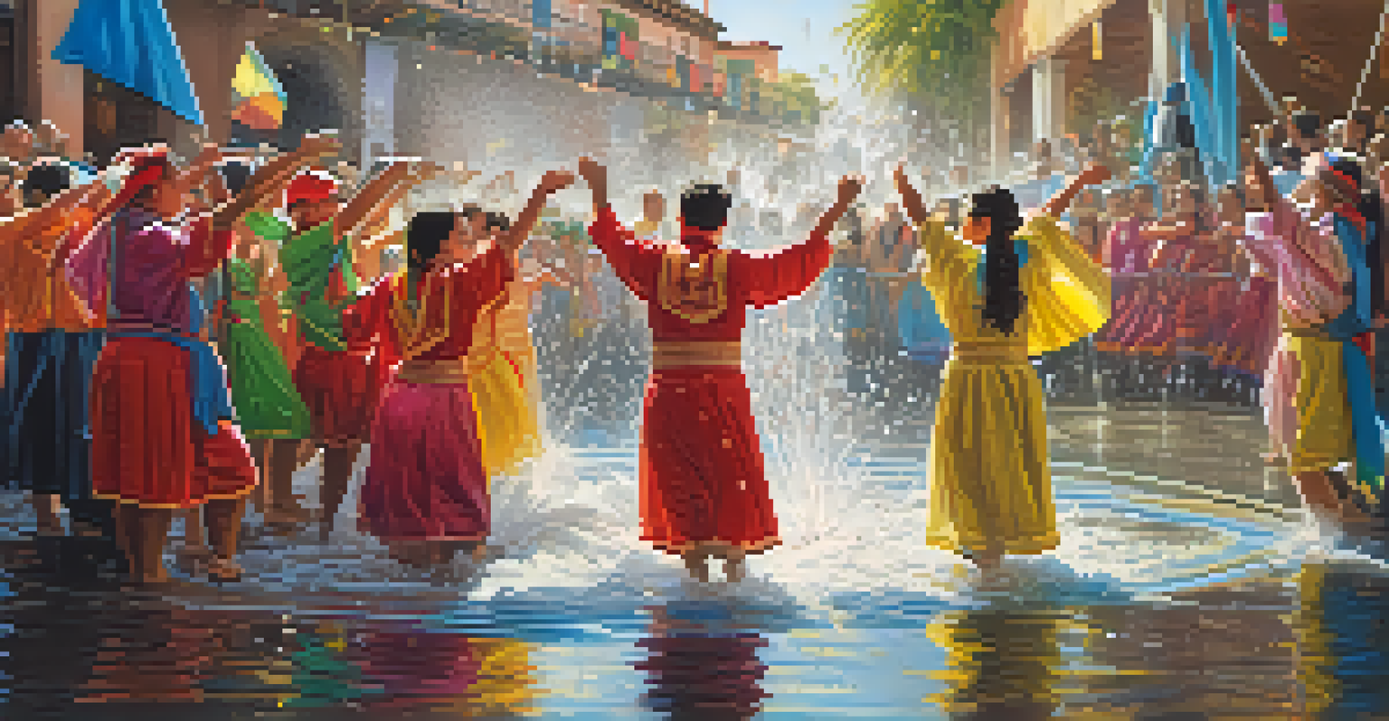 People participating in the wetting ceremony of Fiesta de San Juan, splashing water on each other amid colorful decorations and traditional attire.