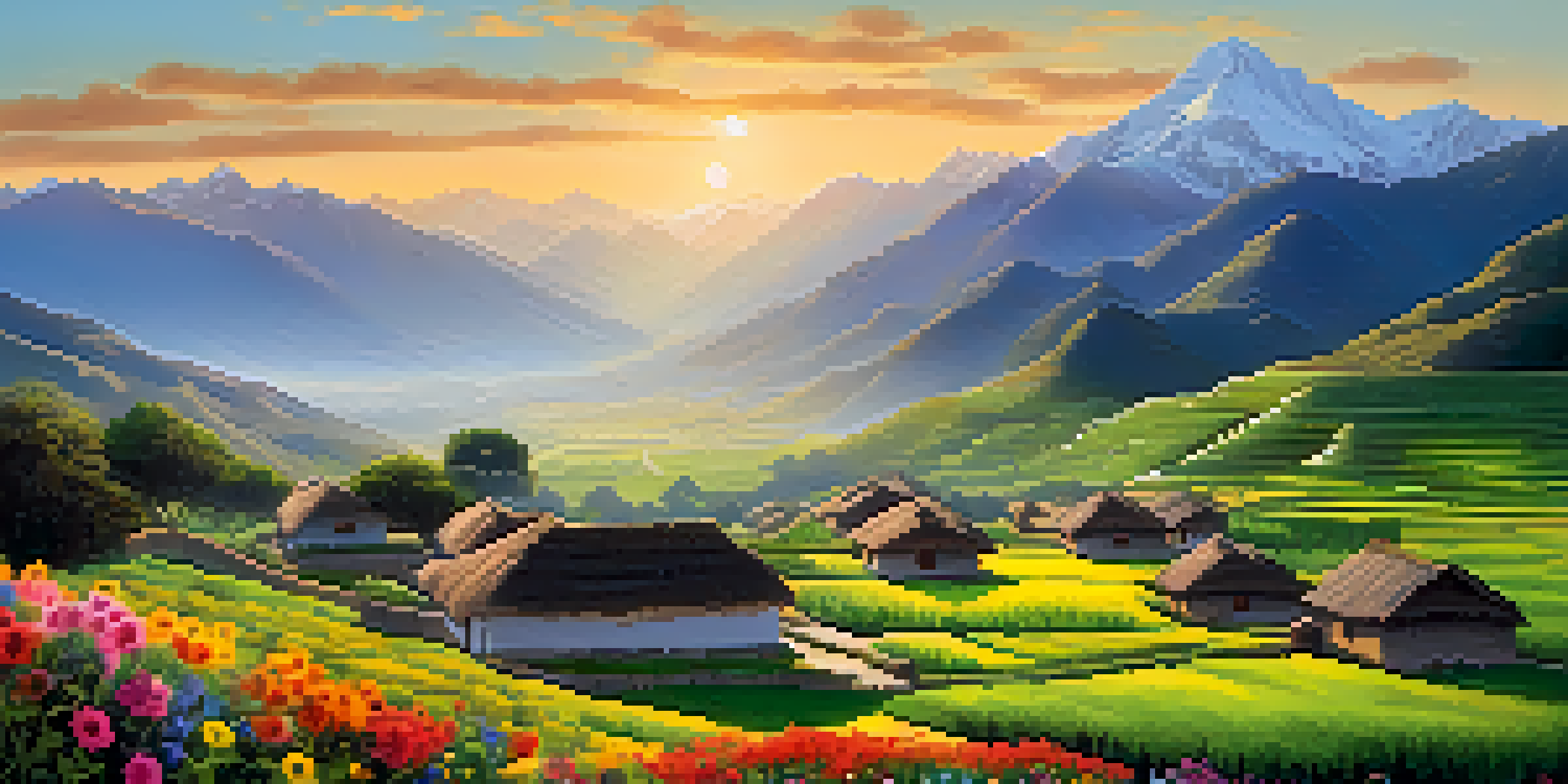 A picturesque view of the Andes mountains at sunrise, featuring a village with adobe houses in the foreground.