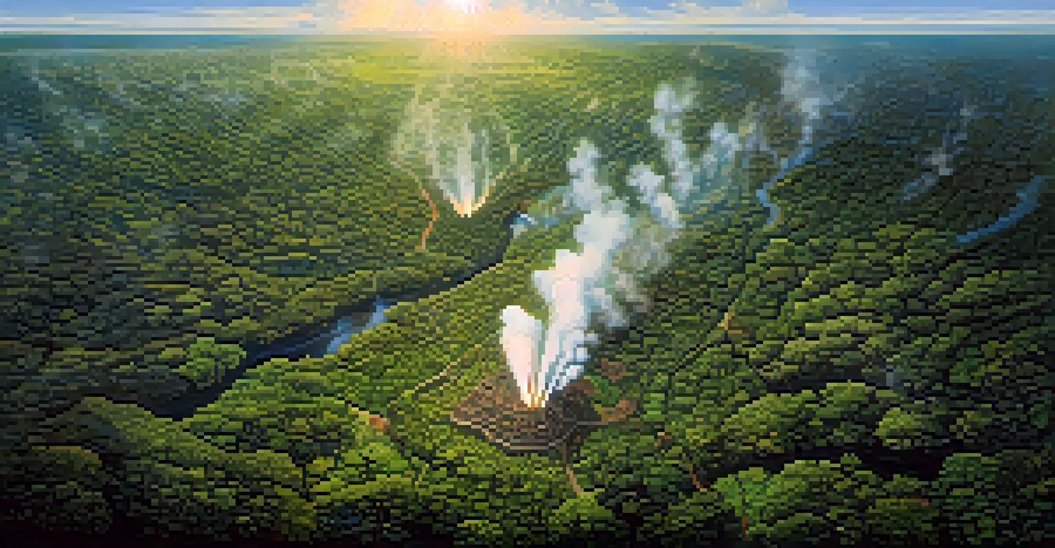 Aerial view of the Amazon rainforest with Indigenous peoples managing the land through controlled burns, showcasing biodiversity.