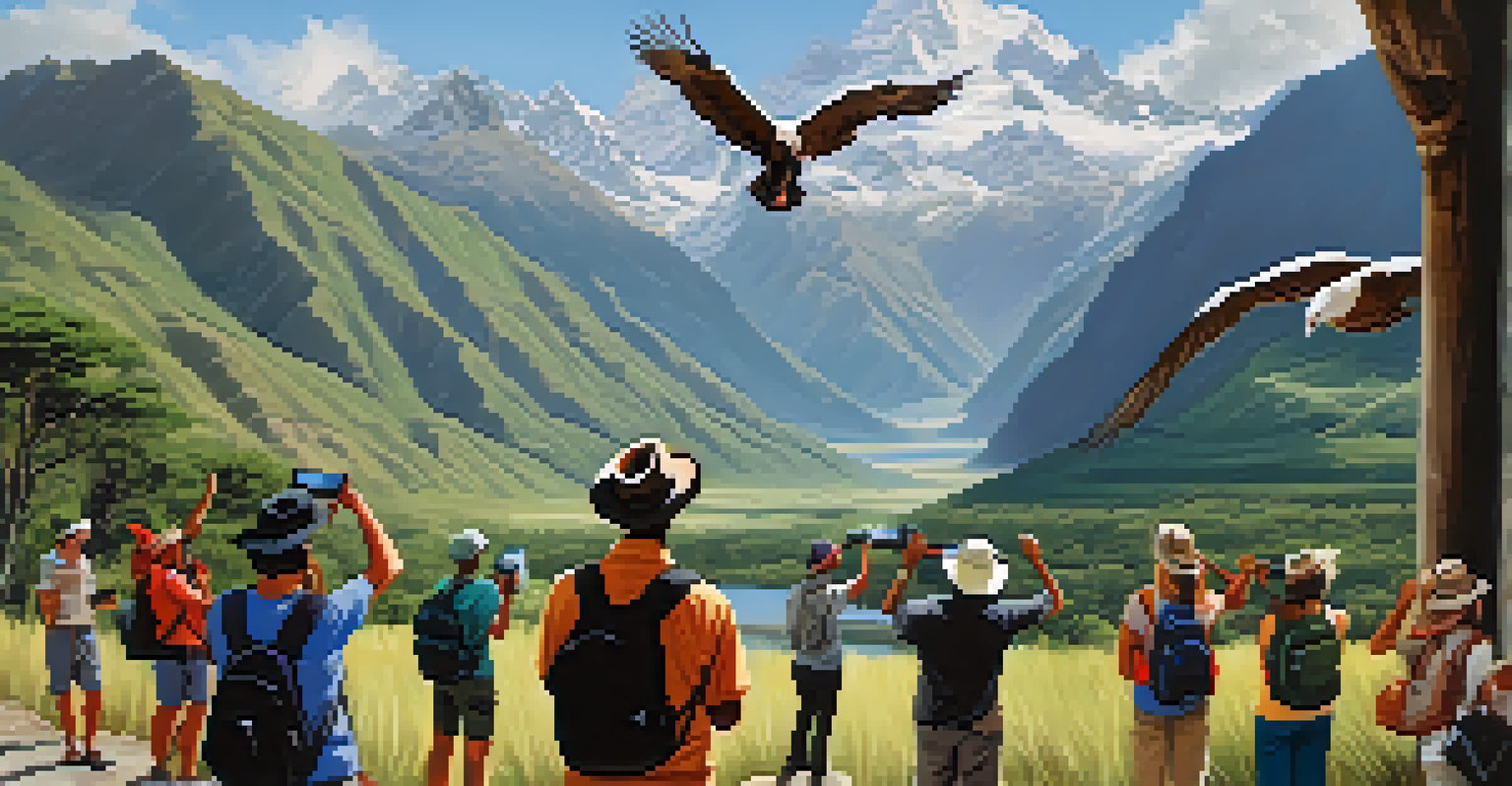 Tourists on an eco-tour observing wildlife in a national park with a condor overhead.