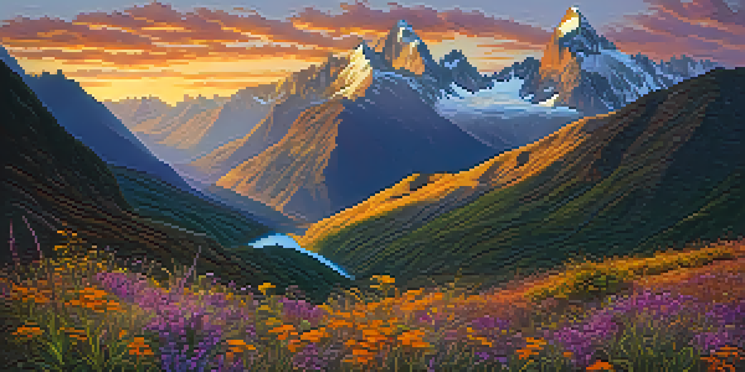 A panoramic view of the Andes mountains in Peru at sunset, with colorful wildflowers in the foreground and a golden sky.