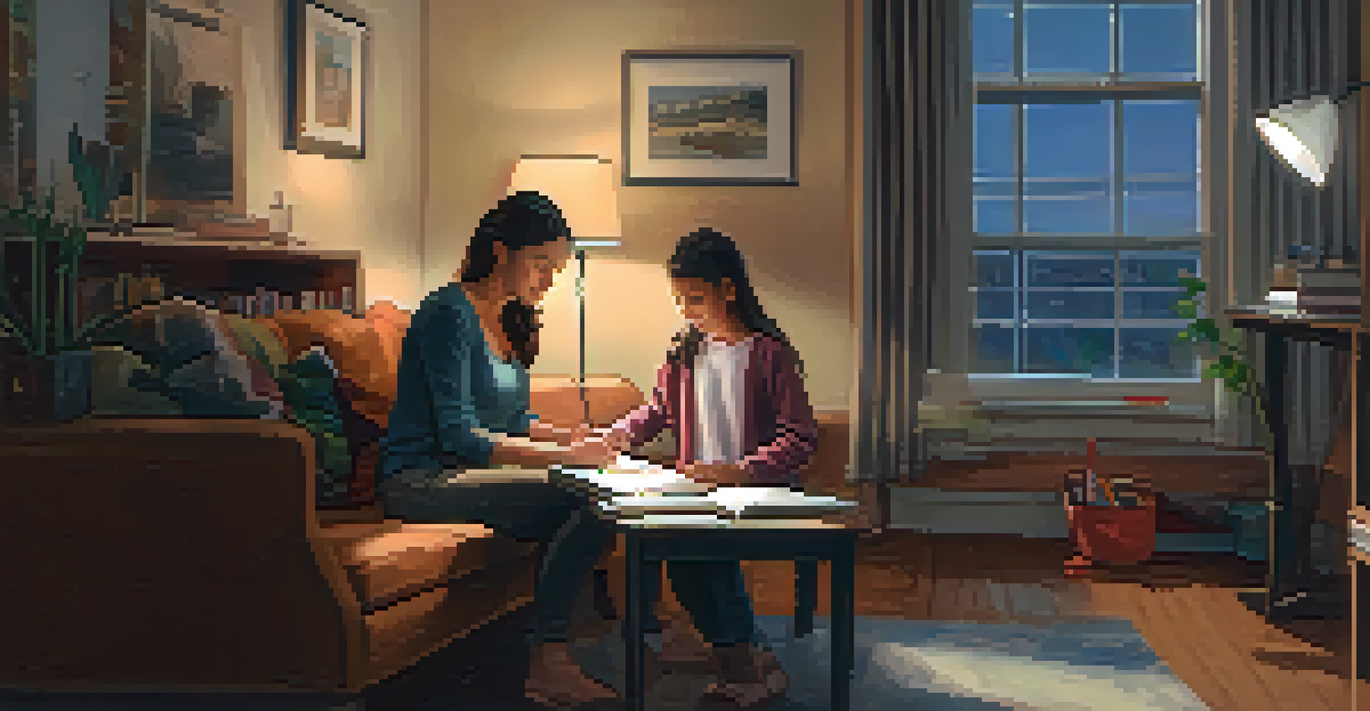 A single mother helping her daughter with homework in a cozy living room, filled with books and family photos.
