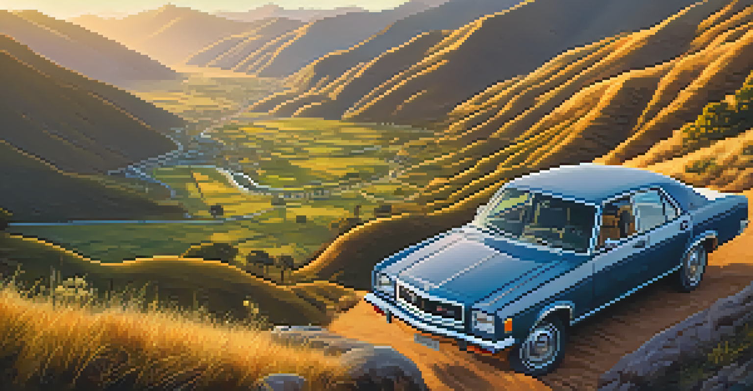 A rental car parked at a scenic viewpoint in Peru, with rolling hills and mountains in the background during golden hour.