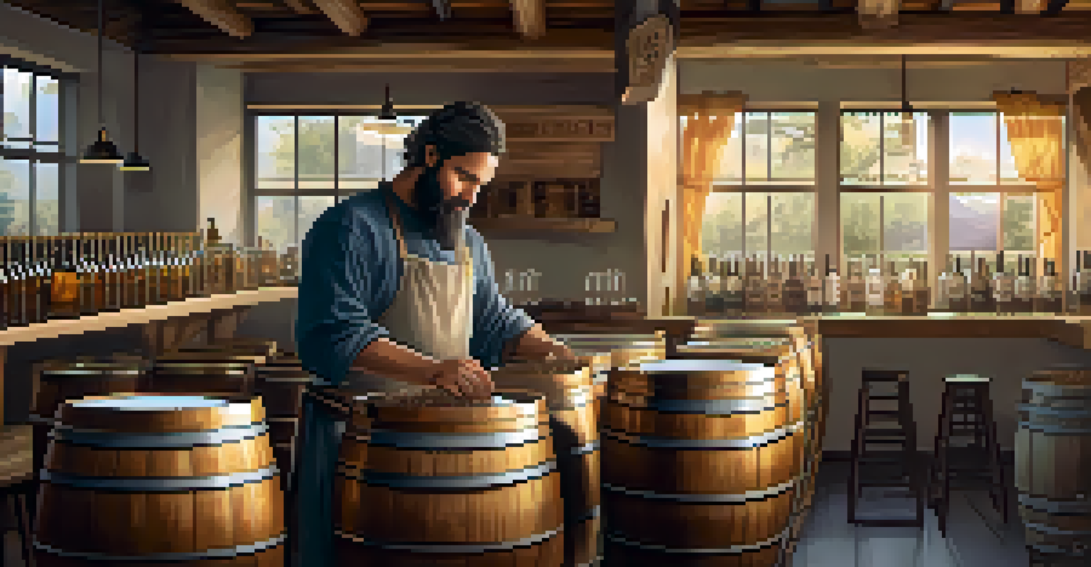 An artisan brewer pouring a golden craft beer in a rustic brewery filled with wooden barrels and natural light.
