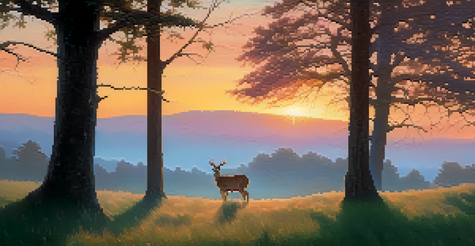 A tranquil dawn scene with a silhouette of a deer in a misty meadow, illuminated by soft golden sunlight.