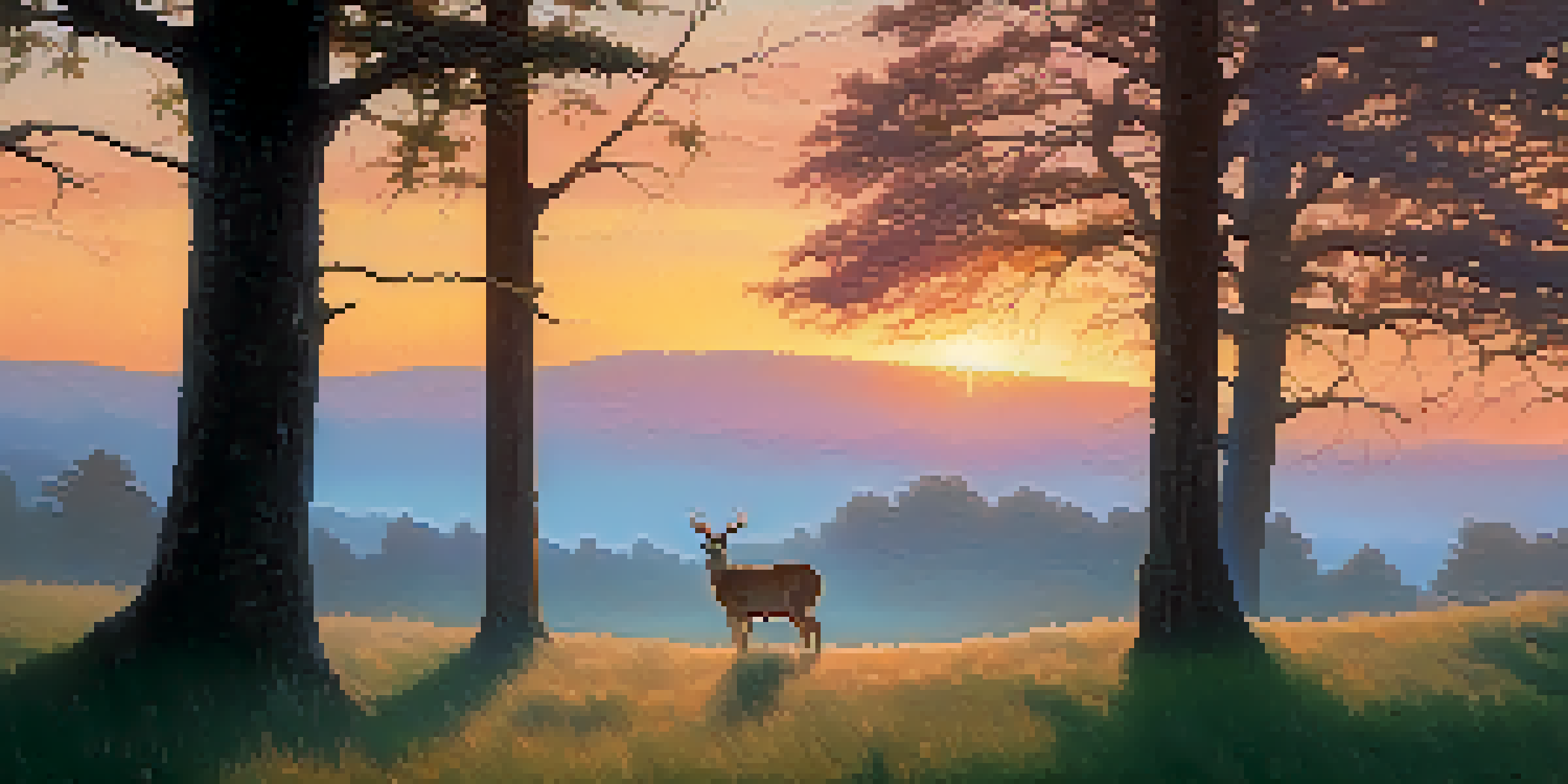 A tranquil dawn scene with a silhouette of a deer in a misty meadow, illuminated by soft golden sunlight.