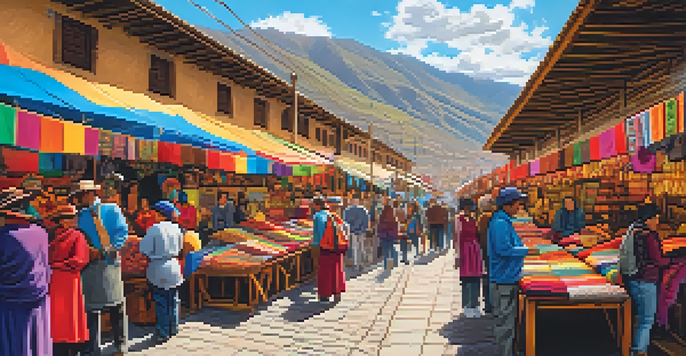 A busy artisan market in Cusco, with colorful textiles and handmade crafts being showcased by local artisans and tourists.