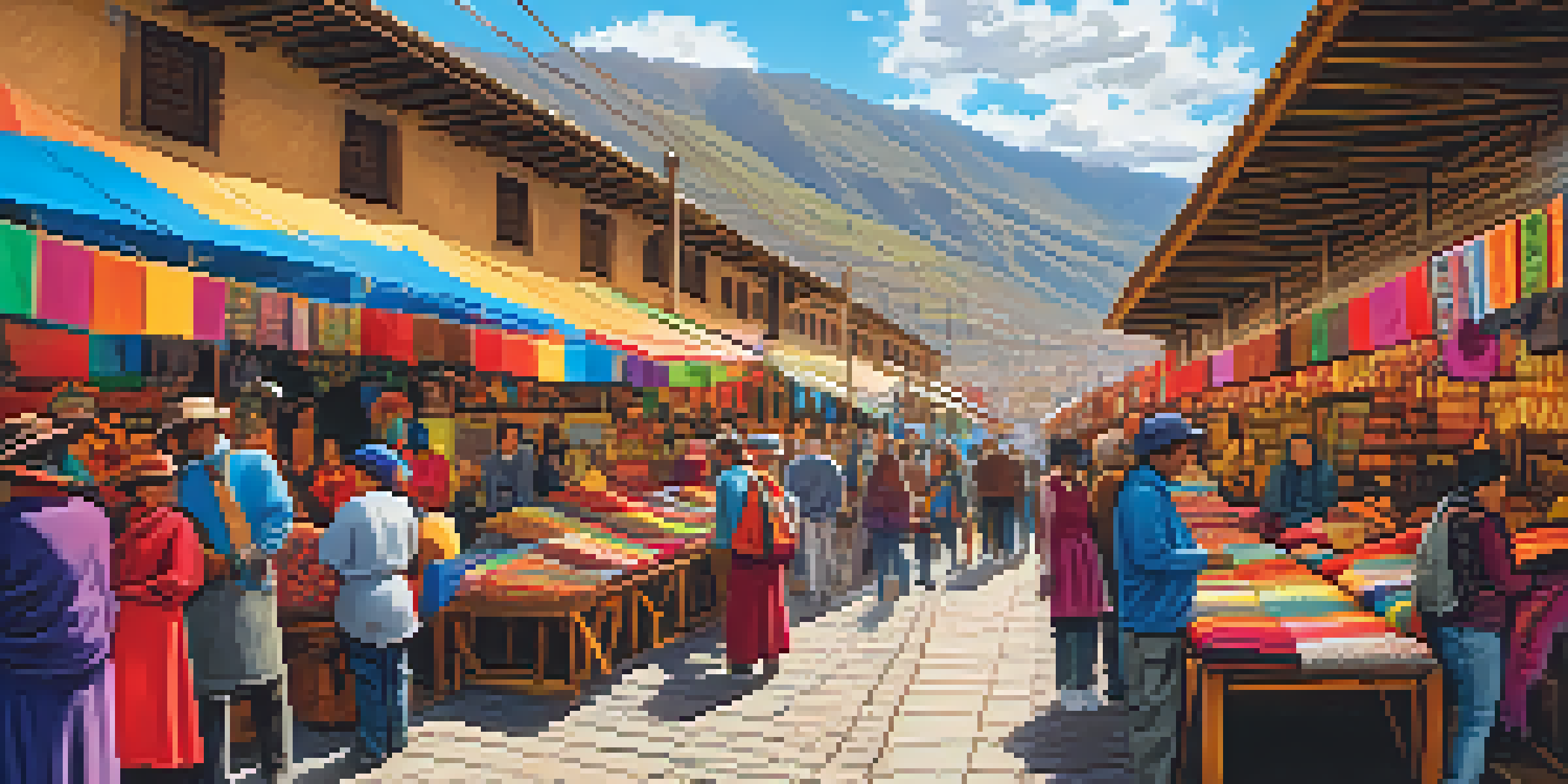 A busy artisan market in Cusco, with colorful textiles and handmade crafts being showcased by local artisans and tourists.