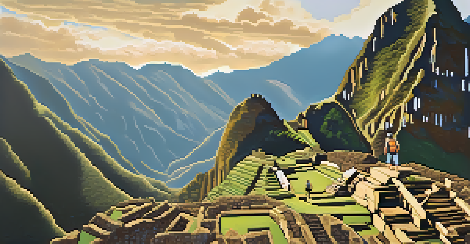 A hiker on the Inca Trail surrounded by mountains and ancient ruins, with lush jungle in the background under warm afternoon light.