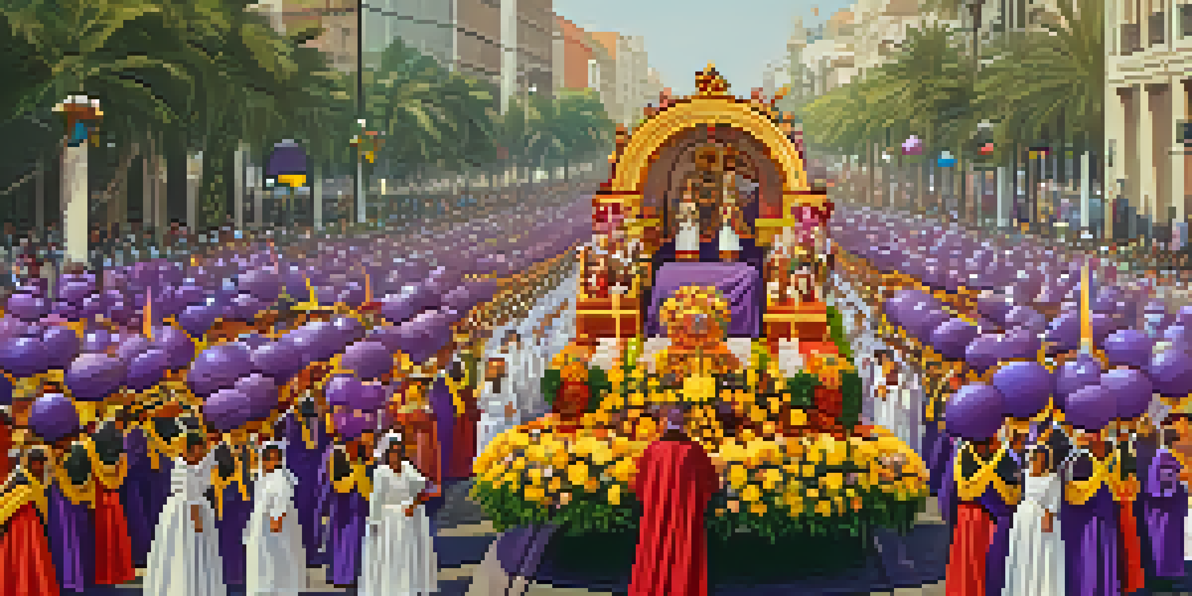 A grand procession in Lima during the Señor de los Milagros festival, featuring a colorful float with a statue and crowds of people in traditional attire, illuminated by warm sunlight.
