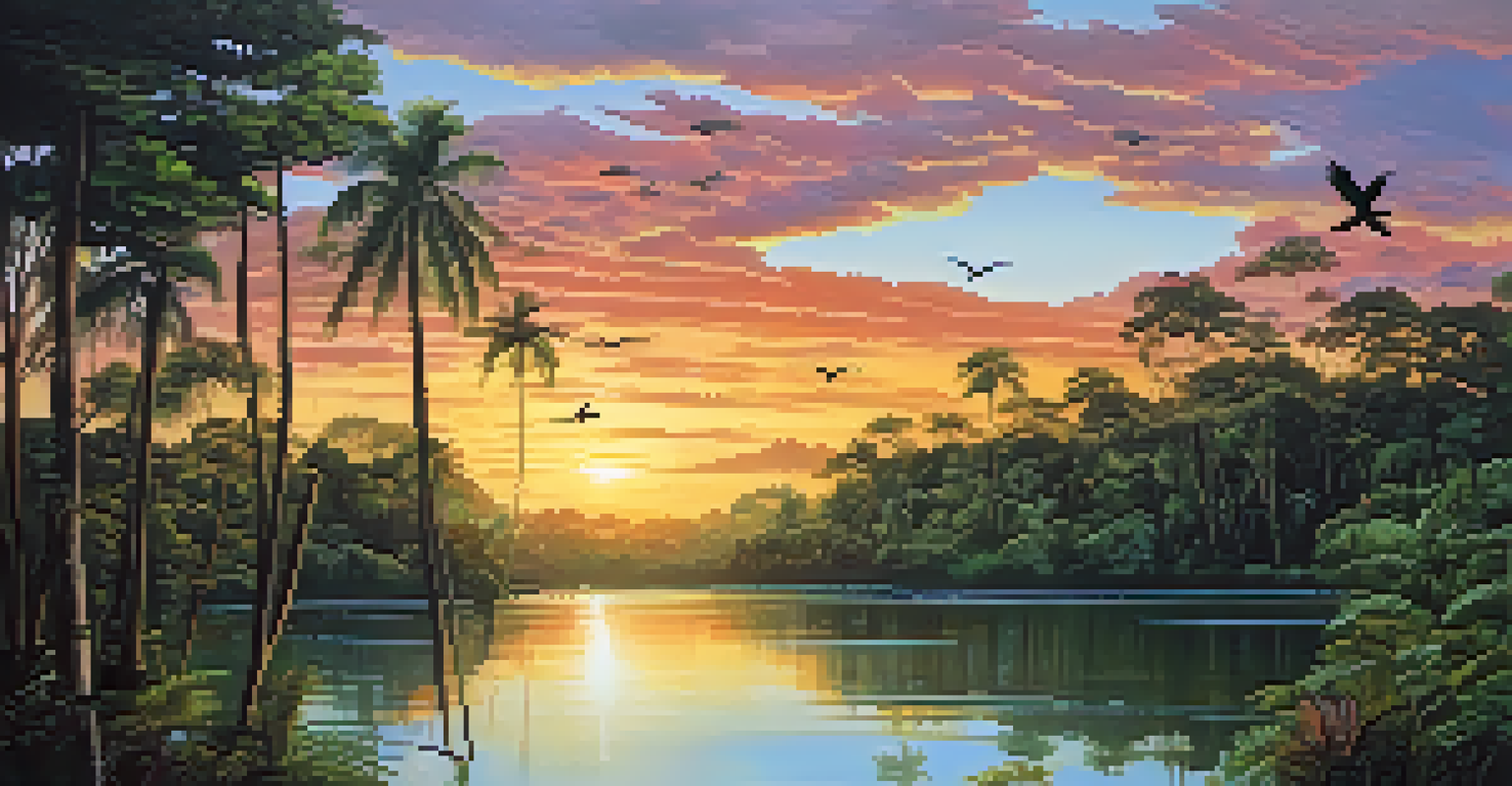 The Tambopata National Reserve at sunset, featuring silhouettes of birds, a calm river, and an eco-lodge amidst lush greenery.