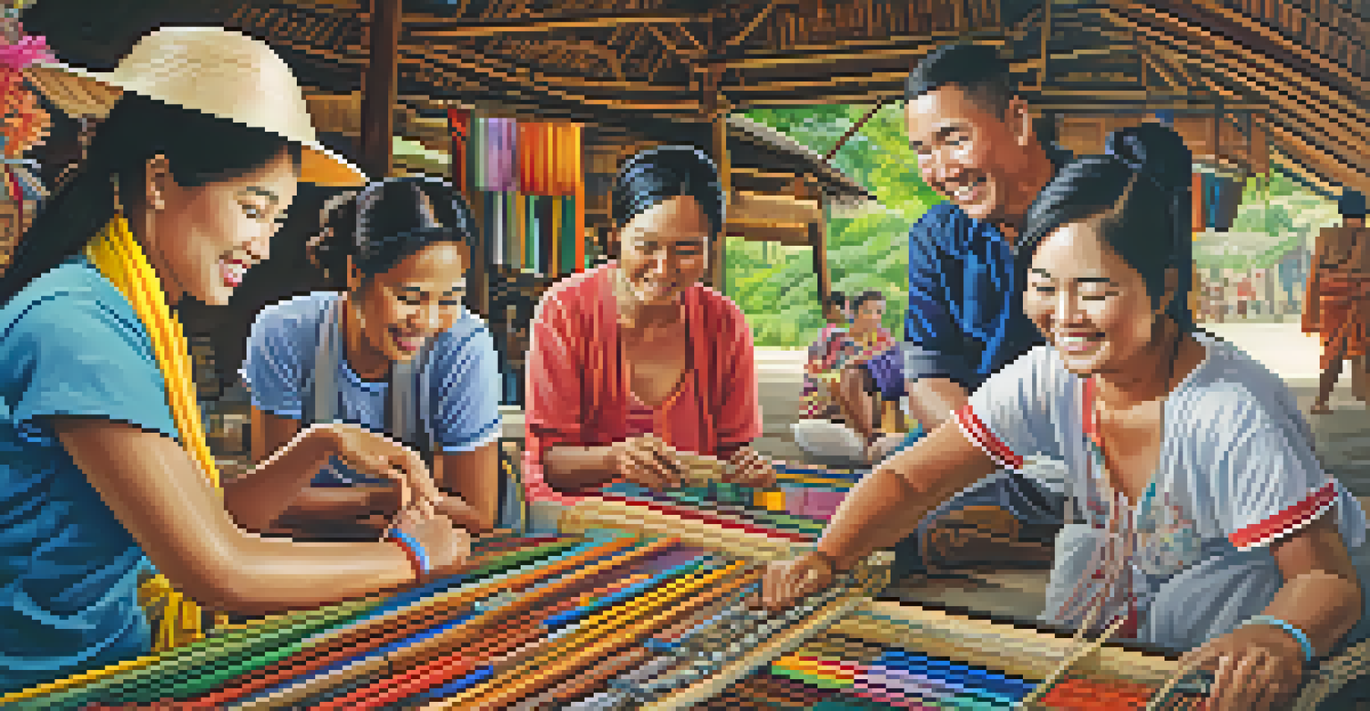 Tourists participating in a cultural workshop in Thailand, learning traditional crafts from local artisans, surrounded by colorful handmade items.