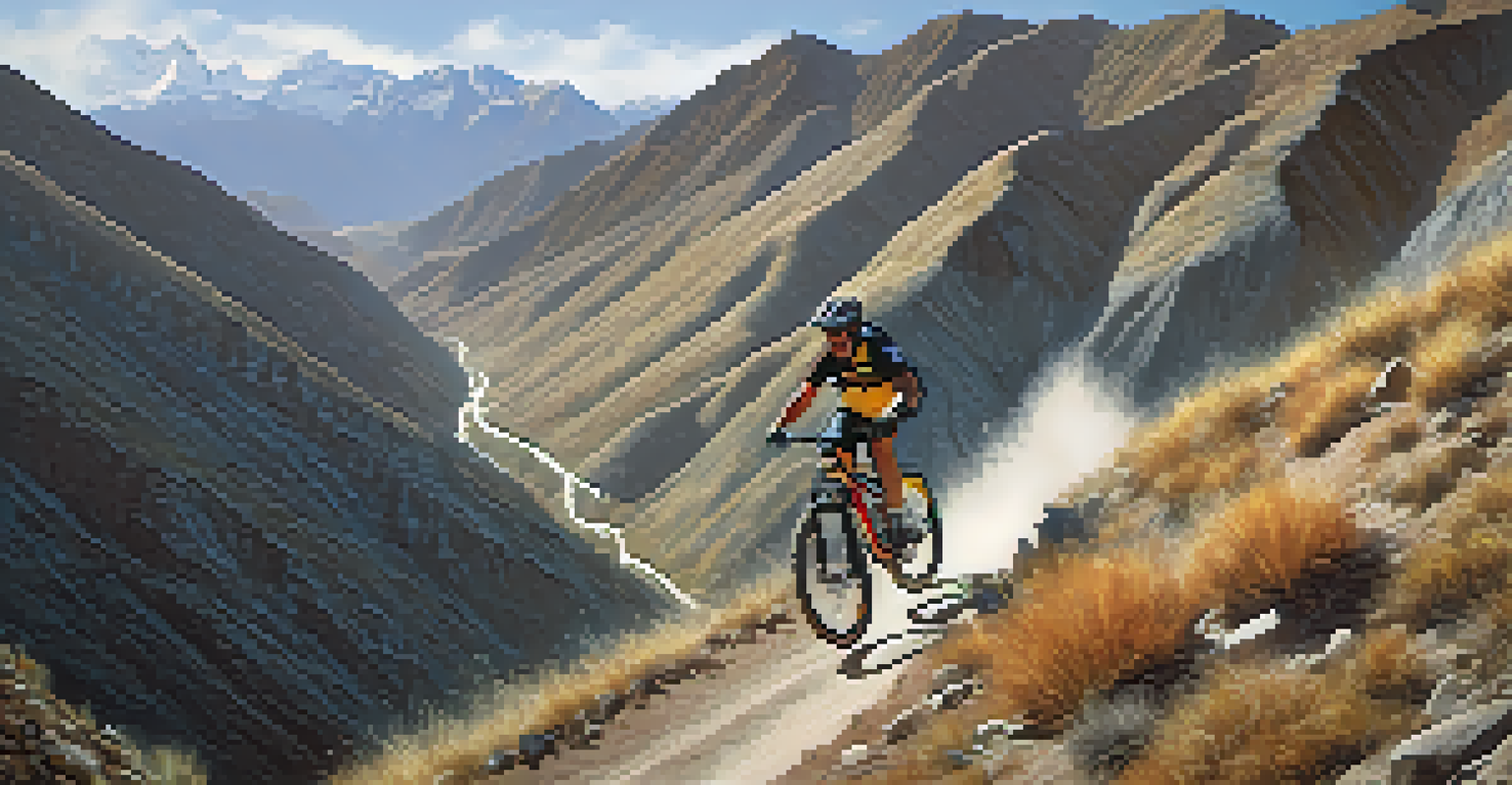A mountain biker racing down a steep trail in the Andes with dramatic cliffs and valleys in the background.