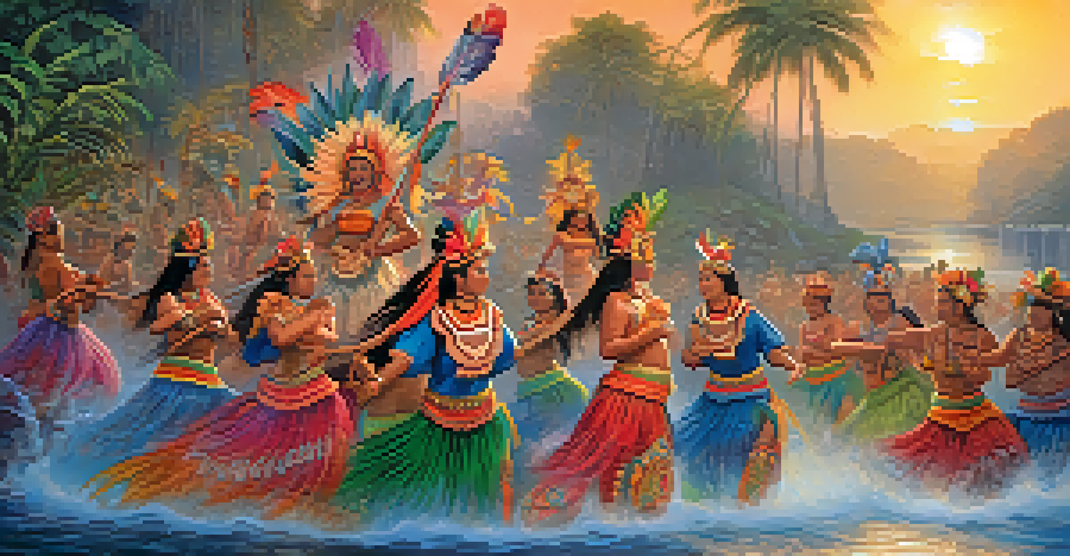 Dancers in traditional Amazonian costumes celebrating Sirena at a lively festival near the river.