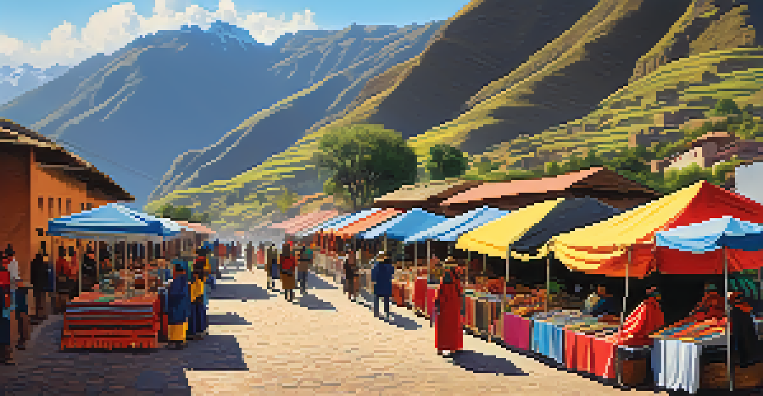 A bustling outdoor market in Pisac, showcasing colorful crafts and traditional clothing against the backdrop of the Pisac ruins.