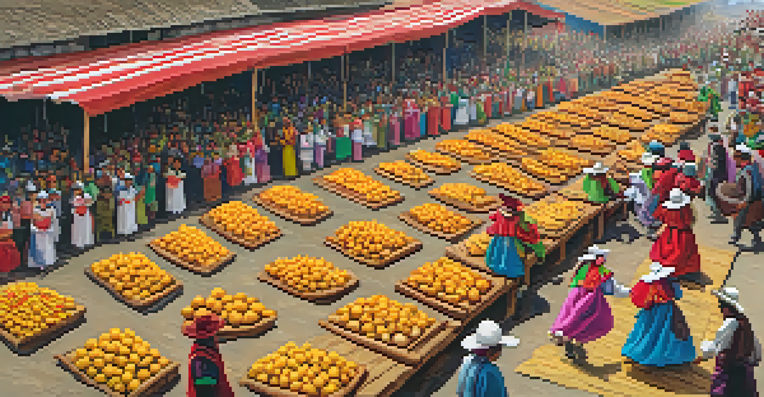 A parade during the Festival of the Potato in Tarma, Peru, with colorful costumes and traditional potato dishes on display.