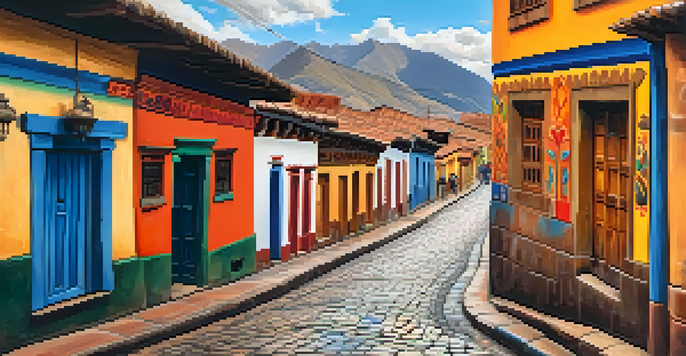 A lively street in San Blas, Cusco, filled with colorful murals and cobblestone paths, showing the mix of traditional and modern art.