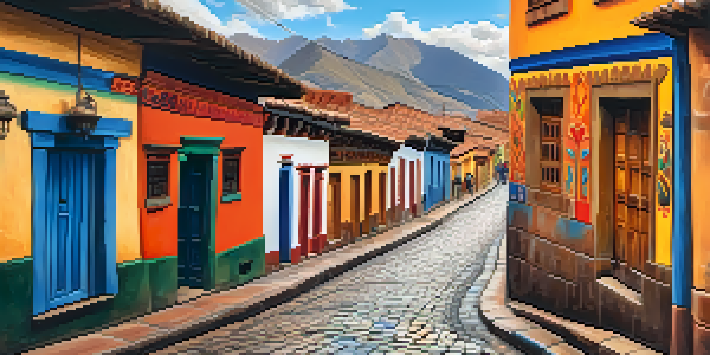 A lively street in San Blas, Cusco, filled with colorful murals and cobblestone paths, showing the mix of traditional and modern art.